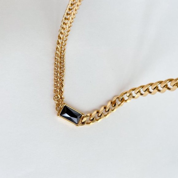 Thick Chain Necklace Gold, Black Onyx Necklace, Two Chain Necklace, Layerable - Picture 4 of 4